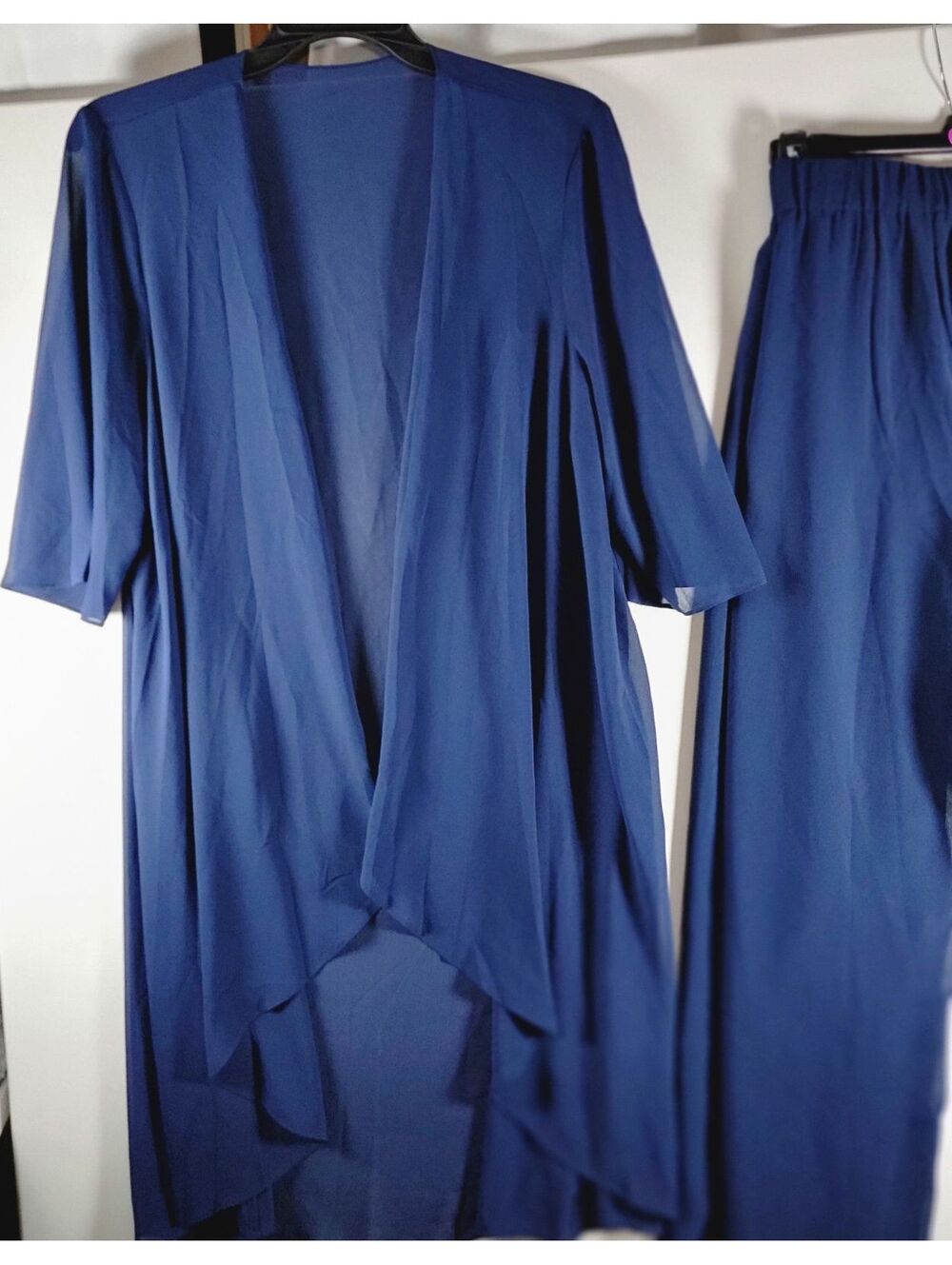 Elegant Navy Blue 2Piece Chiffon Cardigan and Wide-Leg Pants Set Plus Size 18W